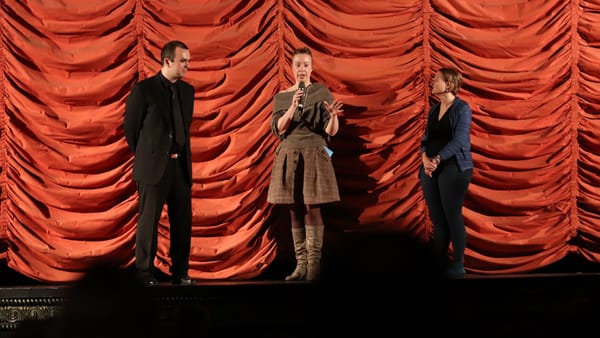 Nicholas White, Tricia Legat, and Gail Gallagher at Music Box Theatre in Chicago for the 1919 Cinema Centennial